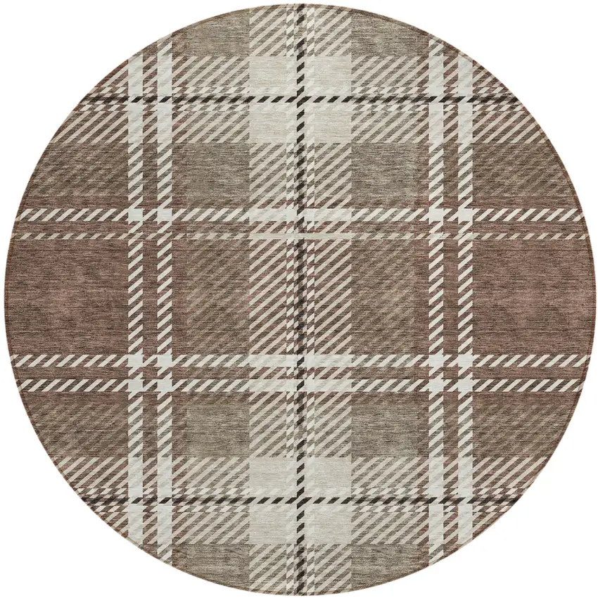 8' Brown Black And Ivory Round Plaid Washable Indoor Outdoor Area Rug Photo 2