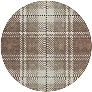 Photo of 8' Brown Black And Ivory Round Plaid Washable Indoor Outdoor Area Rug