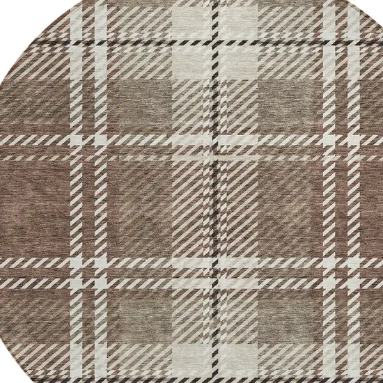 8' Brown Black And Ivory Round Plaid Washable Indoor Outdoor Area Rug Photo 5