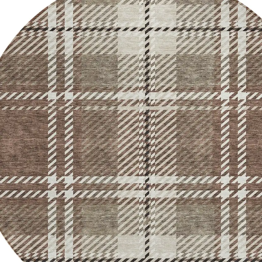 8' Brown Black And Ivory Round Plaid Washable Indoor Outdoor Area Rug Photo 5
