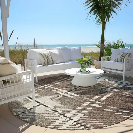 8' Brown Black And Ivory Round Plaid Washable Indoor Outdoor Area Rug Photo 7