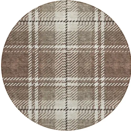 8' Brown Black And Ivory Round Plaid Washable Indoor Outdoor Area Rug Photo 6