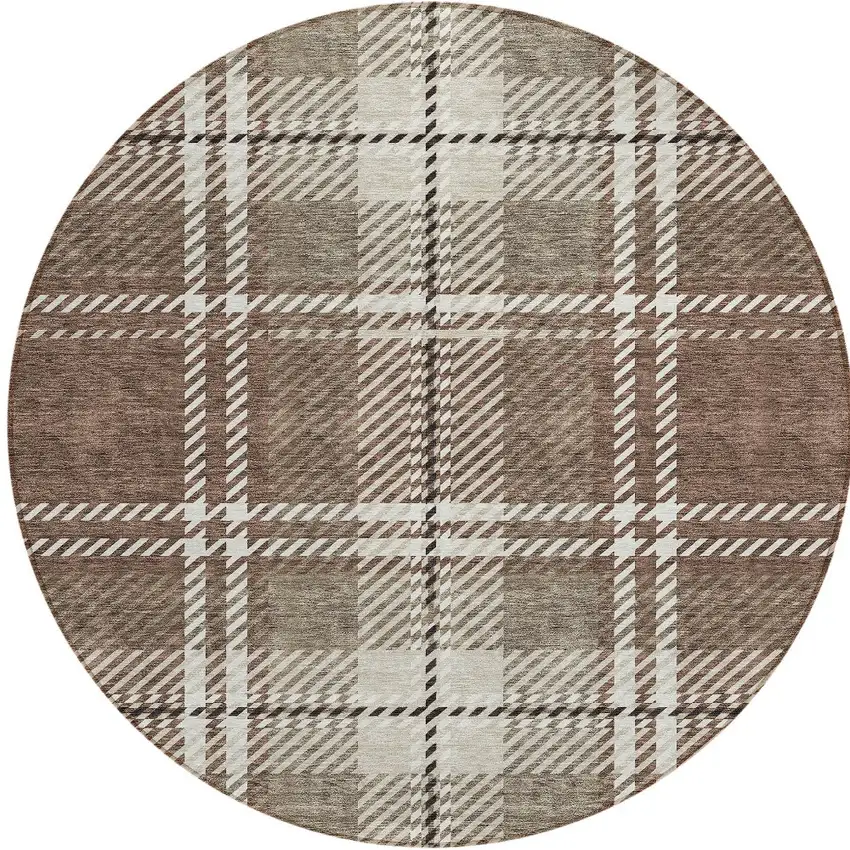 8' Brown Black And Ivory Round Plaid Washable Indoor Outdoor Area Rug Photo 6