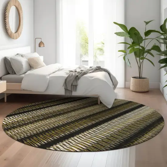 8' Brown Black And Ivory Striped Washable Round Rug With UV Protection Photo 4