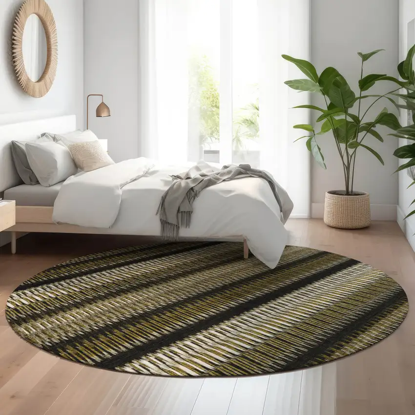 8' Brown Black And Ivory Striped Washable Round Rug With UV Protection Photo 4