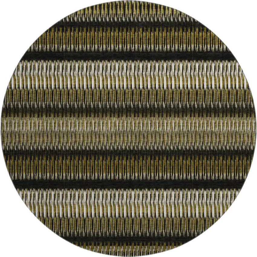 8' Brown Black And Ivory Striped Washable Round Rug With UV Protection Photo 1