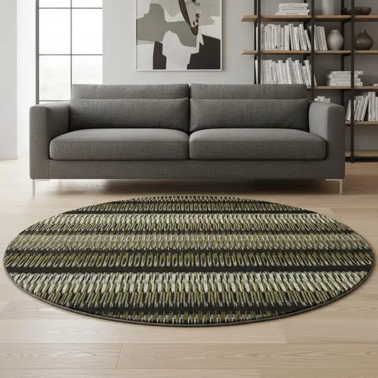 8' Brown Black And Ivory Striped Washable Round Rug With UV Protection Photo 2