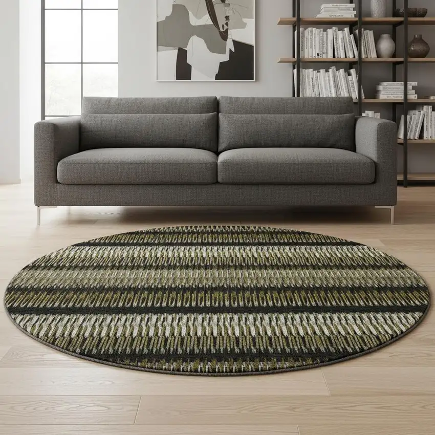 8' Brown Black And Ivory Striped Washable Round Rug With UV Protection Photo 2