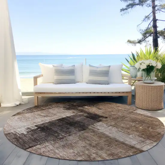 8' Brown Black And Tan Round Abstract Washable Indoor Outdoor Area Rug Photo 6