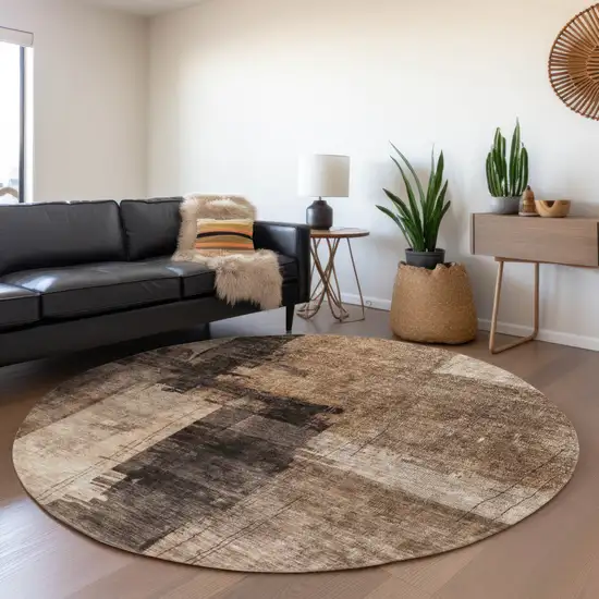 8' Brown Black And Tan Round Abstract Washable Indoor Outdoor Area Rug Photo 7
