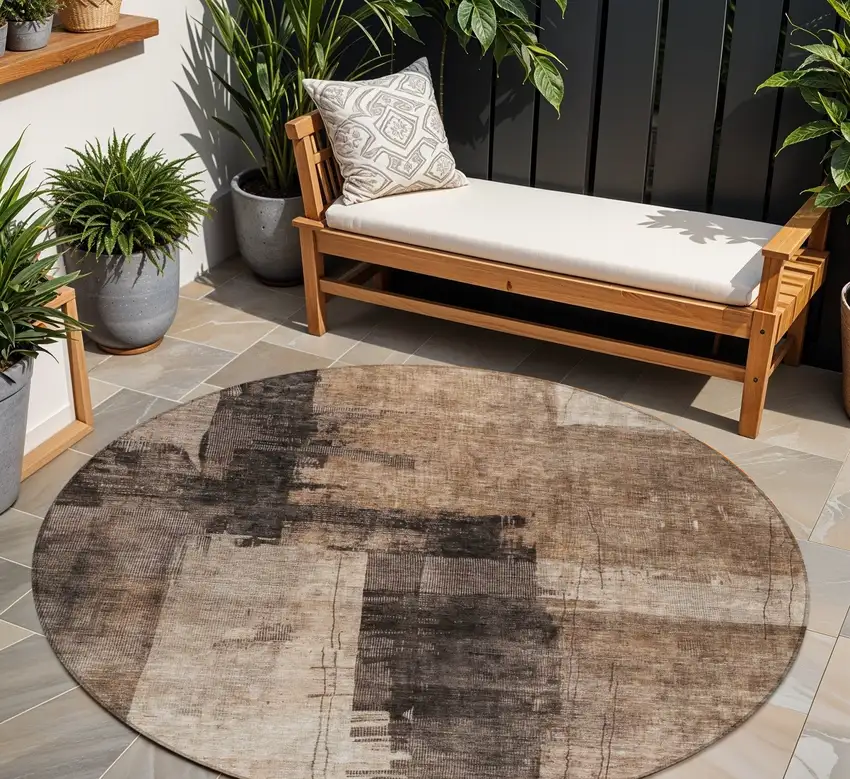 8' Brown Black And Tan Round Abstract Washable Indoor Outdoor Area Rug Photo 1