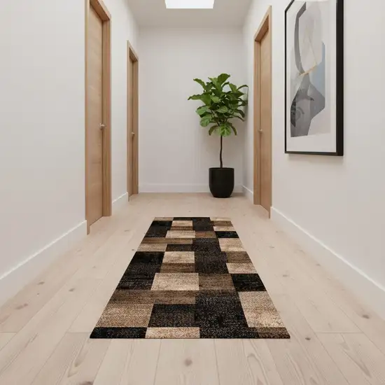 13' Brown Black and Tan Geometric Power Loom Runner Rug Photo 1