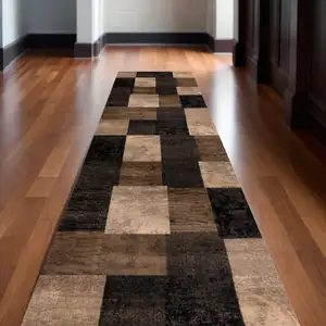Photo of 20' Brown Black and Tan Geometric Power Loom Runner Rug