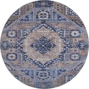 Photo of 8' Brown Blue And Beige Diamond Washable Round Rug With UV Protection