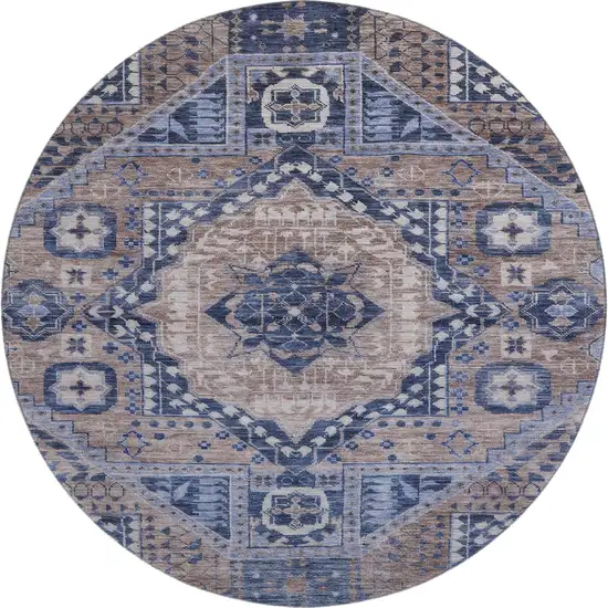 8' Brown Blue And Beige Diamond Washable Round Rug With UV Protection Photo 1
