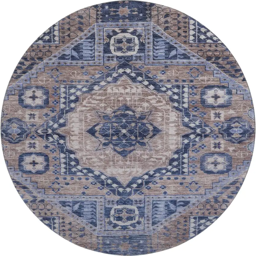 8' Brown Blue And Beige Diamond Washable Round Rug With UV Protection Photo 1