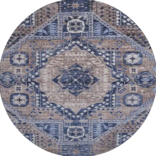 8' Brown Blue And Beige Diamond Washable Round Rug With UV Protection Photo 4