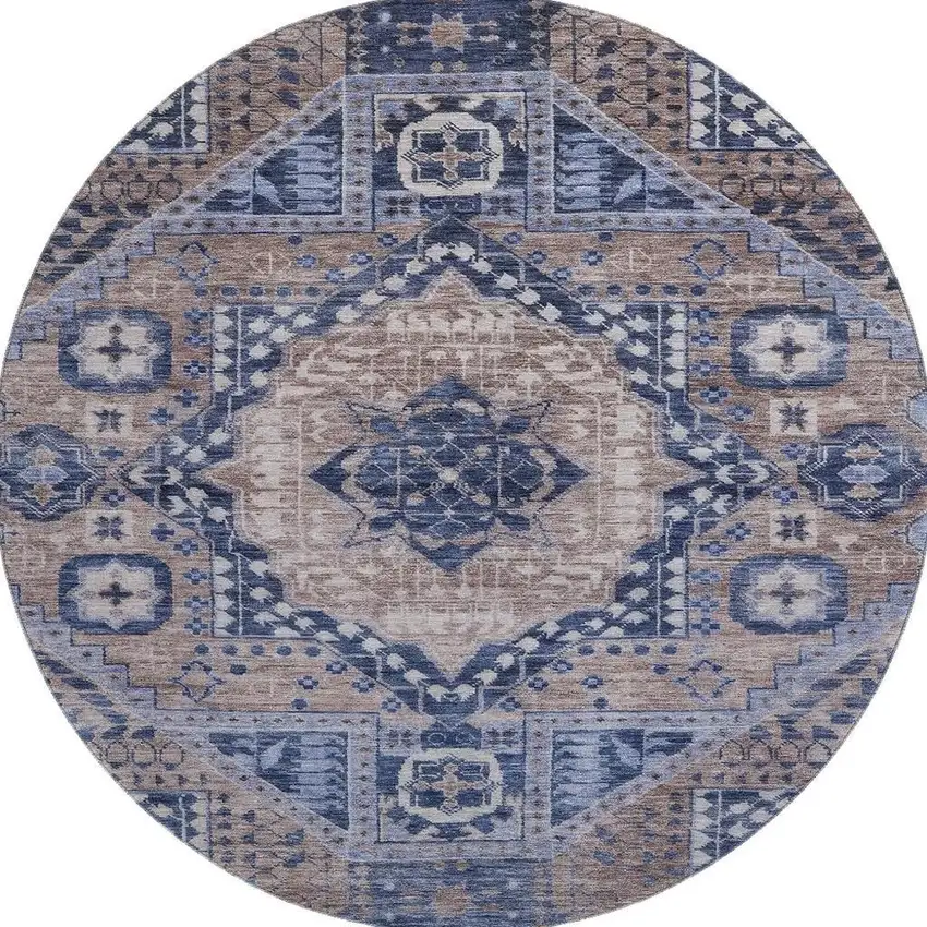 8' Brown Blue And Beige Diamond Washable Round Rug With UV Protection Photo 4