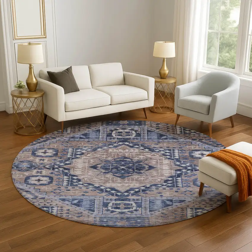 8' Brown Blue And Beige Diamond Washable Round Rug With UV Protection Photo 5