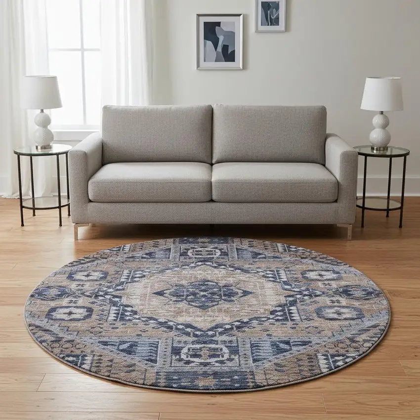 8' Brown Blue And Beige Diamond Washable Round Rug With UV Protection Photo 2