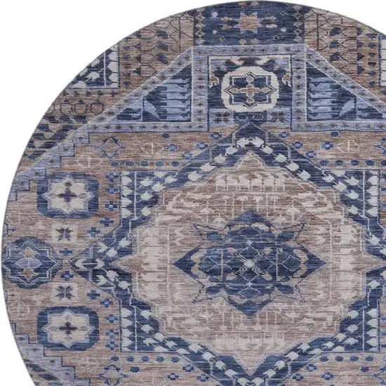 8' Brown Blue And Beige Diamond Washable Round Rug With UV Protection Photo 3