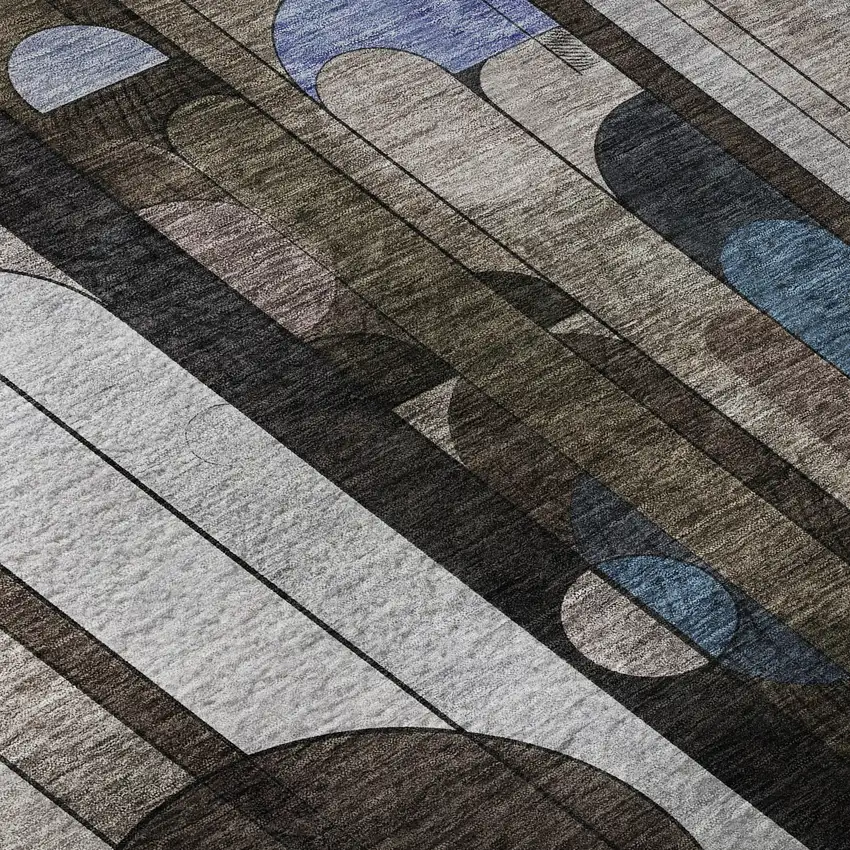 8' Brown Blue And Beige Geometric Washable Round Rug With UV Protection Photo 7