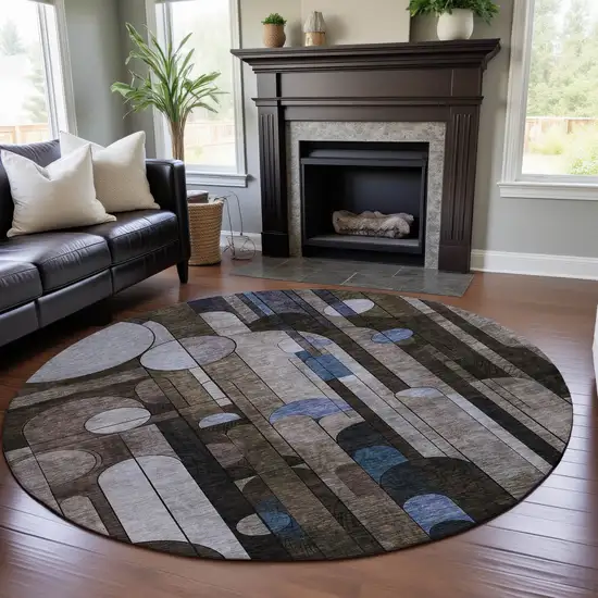 8' Brown Blue And Beige Geometric Washable Round Rug With UV Protection Photo 3