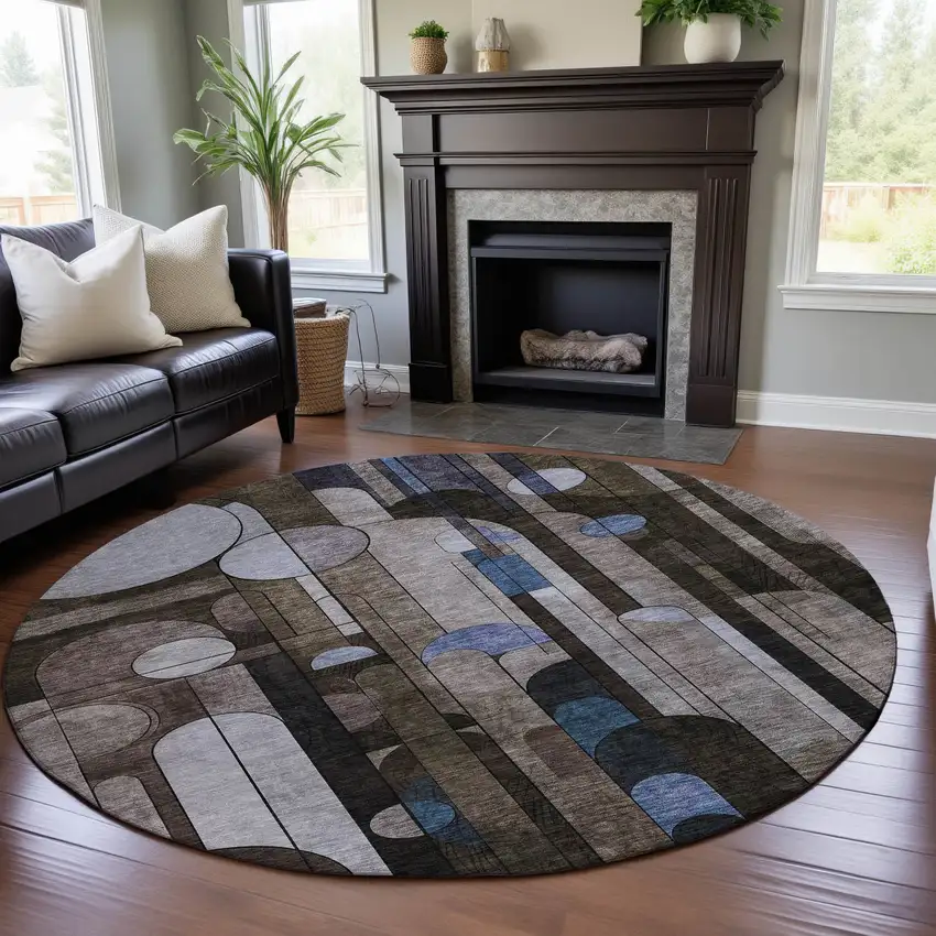 8' Brown Blue And Beige Geometric Washable Round Rug With UV Protection Photo 3