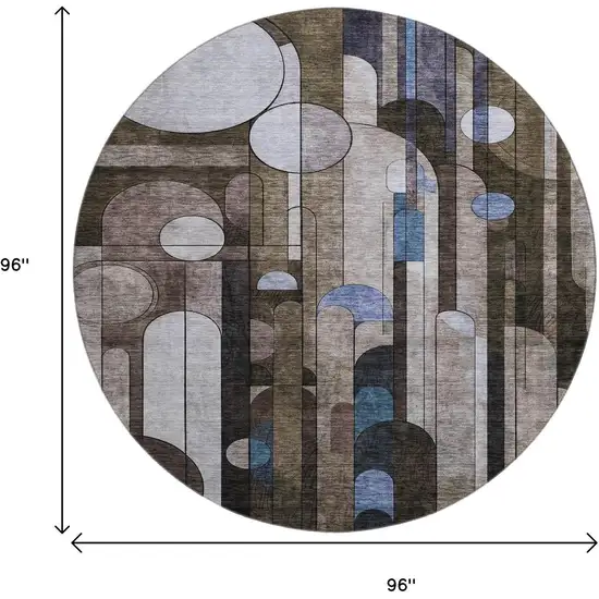 8' Brown Blue And Beige Geometric Washable Round Rug With UV Protection Photo 8