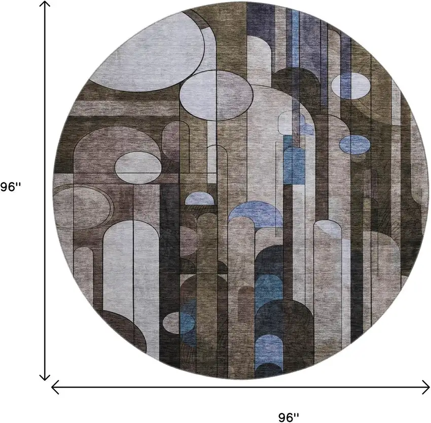 8' Brown Blue And Beige Geometric Washable Round Rug With UV Protection Photo 8