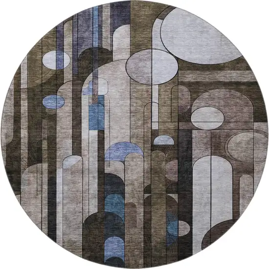 8' Brown Blue And Beige Geometric Washable Round Rug With UV Protection Photo 2