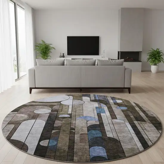 8' Brown Blue And Beige Geometric Washable Round Rug With UV Protection Photo 2
