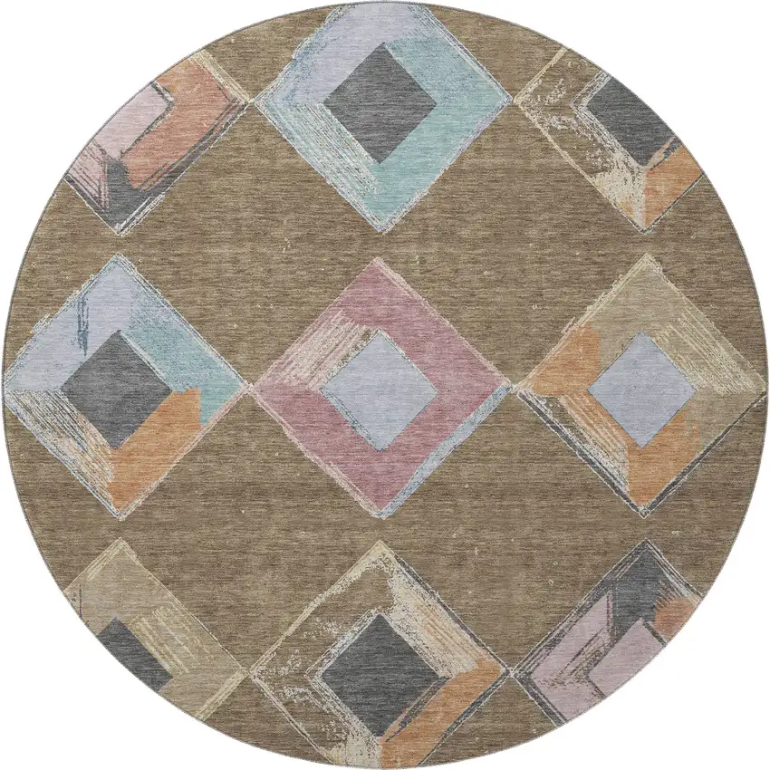 8' Brown Blue And Beige Geometric Washable Round Rug With UV Protection Photo 4