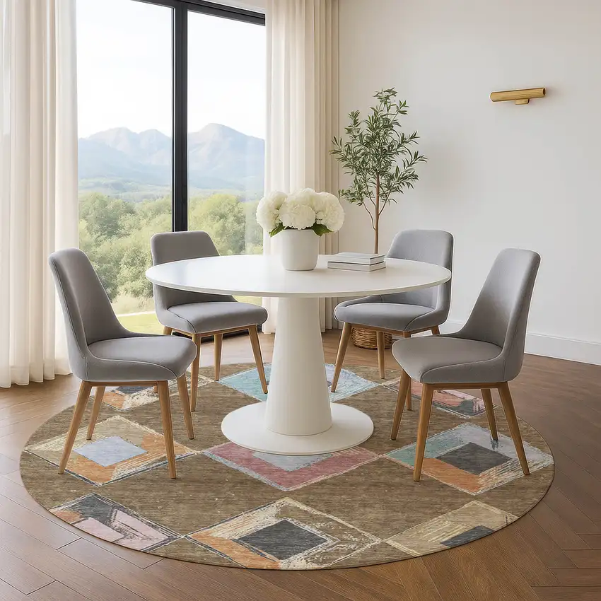 8' Brown Blue And Beige Geometric Washable Round Rug With UV Protection Photo 5