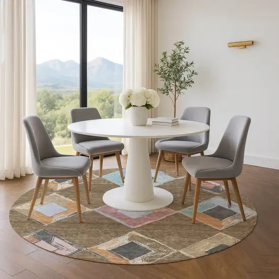 8' Brown Blue And Beige Geometric Washable Round Rug With UV Protection Photo 5