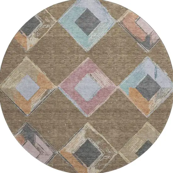 8' Brown Blue And Beige Geometric Washable Round Rug With UV Protection Photo 3