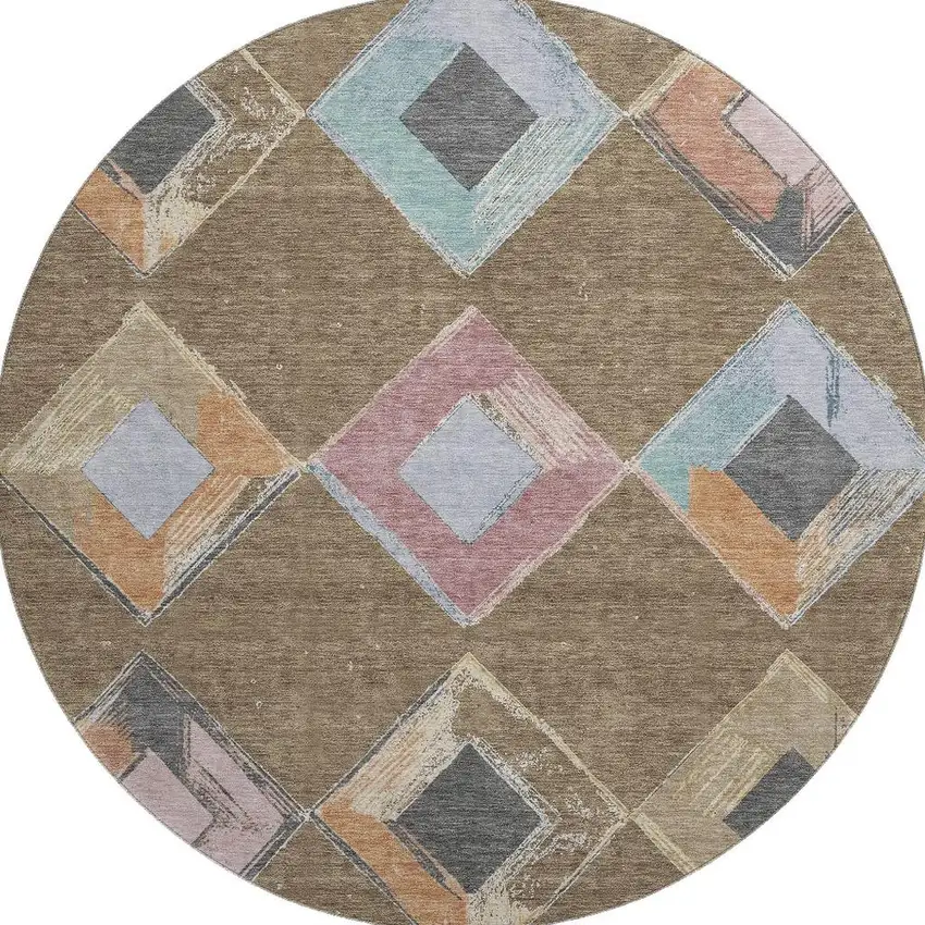 8' Brown Blue And Beige Geometric Washable Round Rug With UV Protection Photo 3