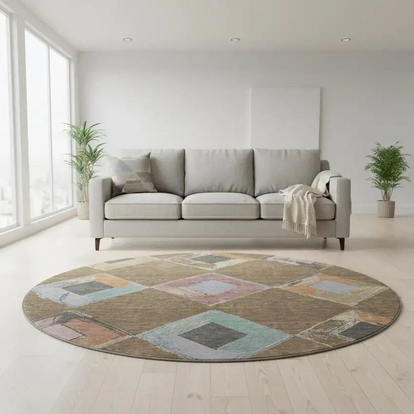 8' Brown Blue And Beige Geometric Washable Round Rug With UV Protection Photo 2