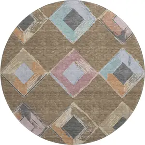 Photo of 8' Brown Blue And Beige Geometric Washable Round Rug With UV Protection