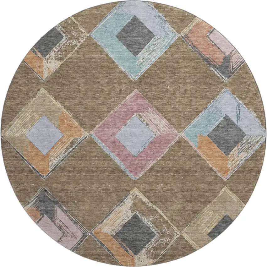 8' Brown Blue And Beige Geometric Washable Round Rug With UV Protection Photo 1