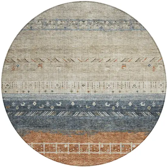 8' Brown Blue And Beige Round Southwestern Washable Indoor Outdoor Area Rug Photo 2