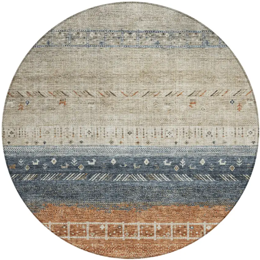 8' Brown Blue And Beige Round Southwestern Washable Indoor Outdoor Area Rug Photo 2
