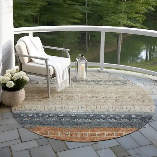 8' Brown Blue And Beige Round Southwestern Washable Indoor Outdoor Area Rug Photo 7