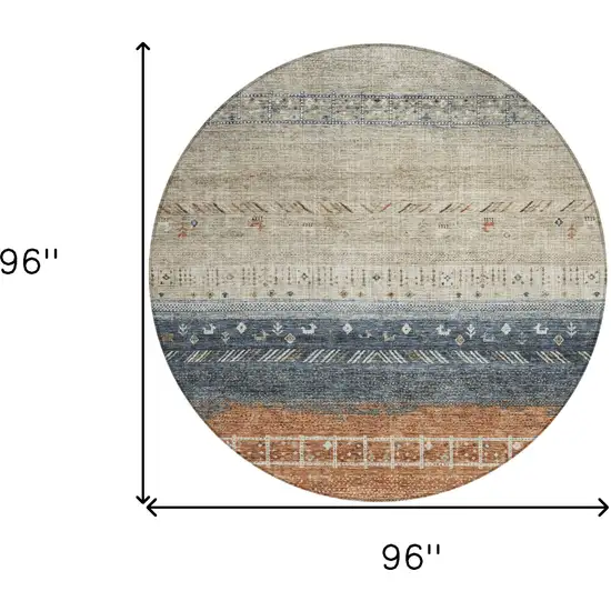 8' Brown Blue And Beige Round Southwestern Washable Indoor Outdoor Area Rug Photo 9