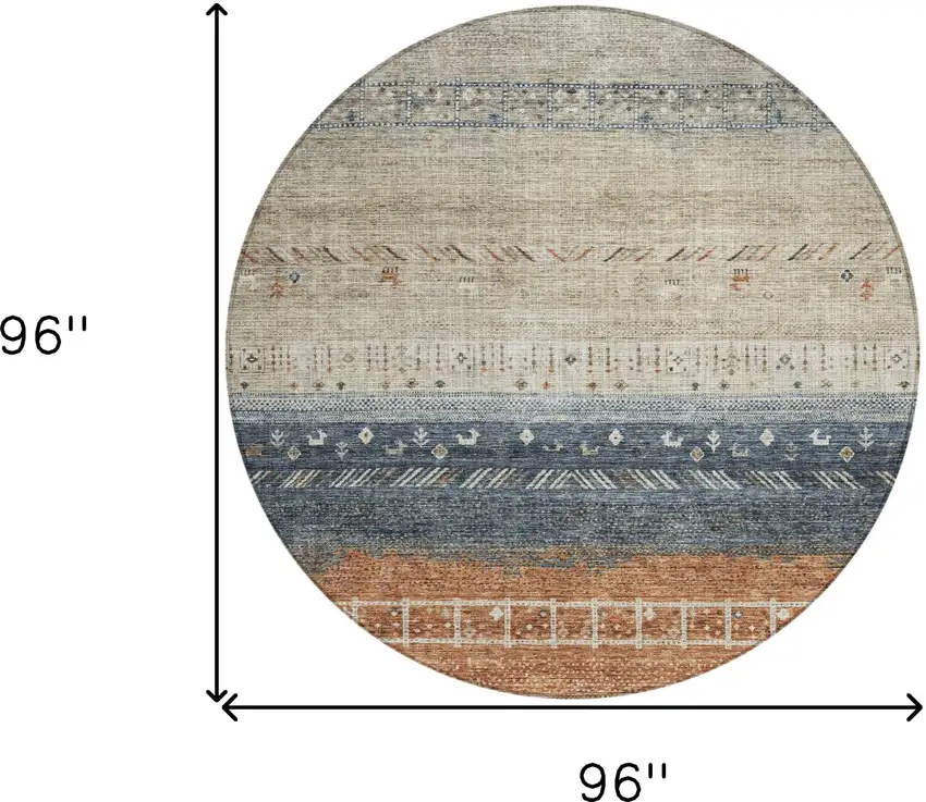 8' Brown Blue And Beige Round Southwestern Washable Indoor Outdoor Area Rug Photo 9