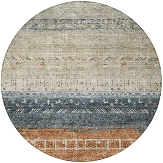 8' Brown Blue And Beige Round Southwestern Washable Indoor Outdoor Area Rug Photo 6