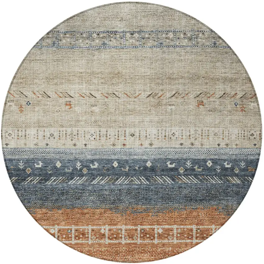 8' Brown Blue And Beige Round Southwestern Washable Indoor Outdoor Area Rug Photo 6