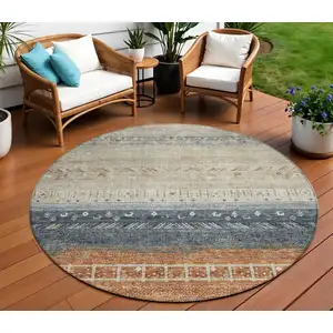 Photo of 8' Brown Blue And Beige Round Southwestern Washable Indoor Outdoor Area Rug