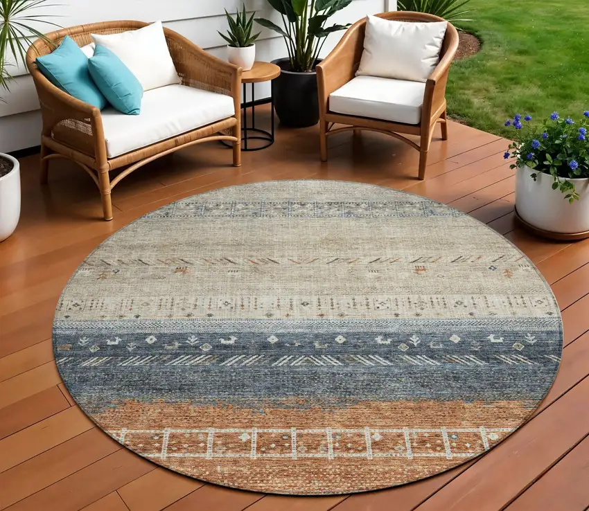 8' Brown Blue And Beige Round Southwestern Washable Indoor Outdoor Area Rug Photo 1