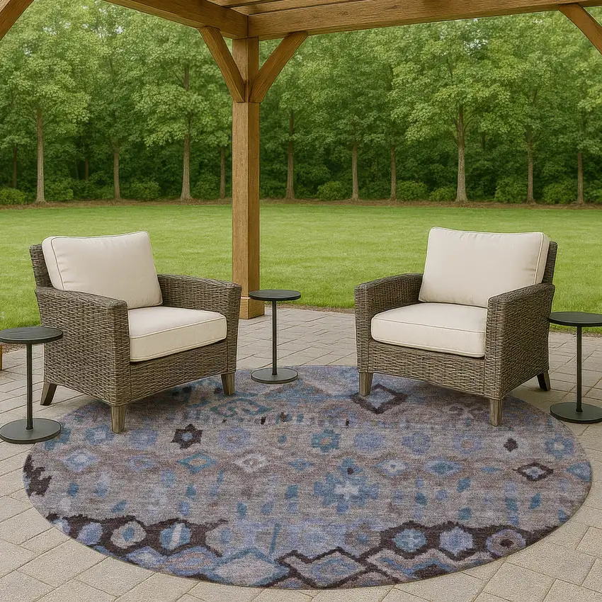 8' Brown Blue And Charcoal Round Geometric Washable Indoor Outdoor Area Rug Photo 8
